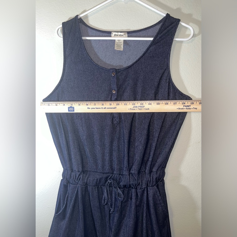 ShoSho Blue Denim Sleeveless Button Up Romper With Waist Tie & Pockets! Size L. - Picture 10 of 11